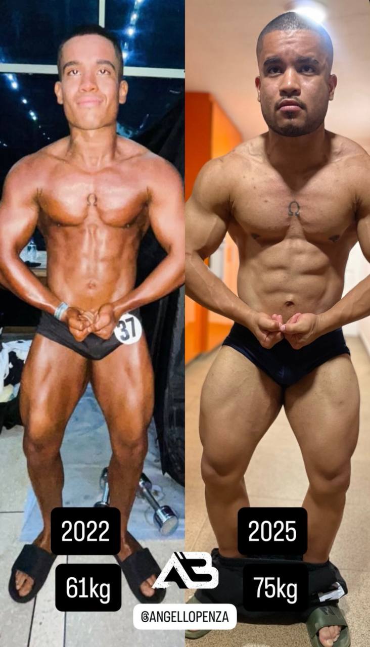 Comparativa de atleta masculino: 61 kg en 2022 y 75 kg en 2025